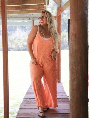Plus-Size Coral Lace-Overlay Jumpsuit with Scoop Neck